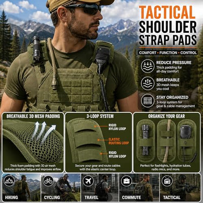 1 Pair Tactical Backpack Shoulder Pads, Thick Shoulder Cushion for Heavy Backpacks Plate Carrier & Rucksack, Fits Straps Up to 2.5", Breathable 3D Mesh, Hook & Loop Fastener, Rucking Hiking & Military - color: Green