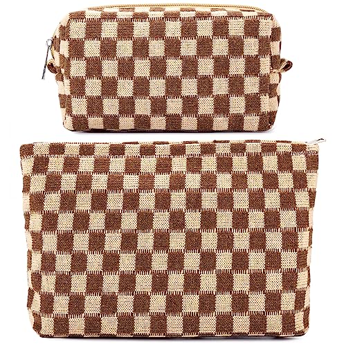 ZLFSRQ 2Pcs Checkered Makeup Bag for Women Large Small Checkered Cosmetic Bag Set Aesthetic Preppy Pencil Case Cute Pencil Pouch Brown Makeup Pouch for Purse Travel Toiletry Bags Zipper Skincare Bags - color: B-Checkered 2Pcs Mix Brown