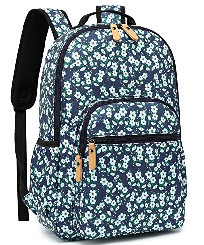 Leaper Water-resistant Floral Laptop Backpack Women Travel Bag Bookbags Satchel (Dark Blue-White Flower2) - color: Dark Blue-white Flower2, size: Large
