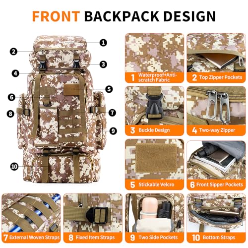 Hiking Backpack Tactical Backpack for Men Women, 80L Military Backpack Rucksack Waterproof Large Travel Camping Backpack for Men, Molle Rucksack Outdoor Travel Cycling Daypack (Desert Camo) - color: Desert Camo