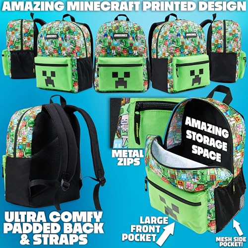 Minecraft Boys Backpack 5 Pc Gift Set, Creeper School Bookbag, Lunch Bag, Water Bottle, Keychain and Lanyard (Green AOP) - color: Green AOP