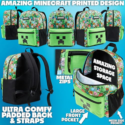 Minecraft Boys Backpack 5 Pc Gift Set, Creeper School Bookbag, Lunch Bag, Water Bottle, Keychain and Lanyard (Green AOP) - color: Green AOP