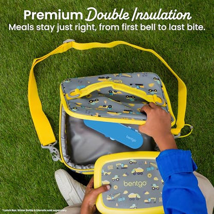 Bentgo Kids Lunch Bag - Durable, Double-Insulated Lunch Bag for Kids 3+; Holds Lunch Box, Water Bottle, & Snacks; Easy-Clean Water-Resistant Fabric & Multiple Zippered Pockets (Construction Trucks) - color: Construction Trucks