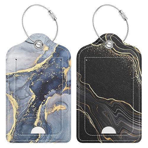2 Pack PU Leather Luggage Tags for Suitcase, Travel Cruise Luggage Tag with Privacy Flap, Name ID Label and Metal Loop for Women Men Baggage Handbag School Bag Backpack, Black Gold Marble - color: Black Gold Marble, size: 2 Pack