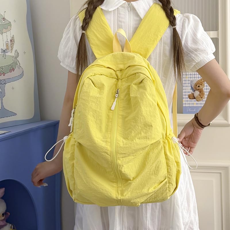 Women Solid Color Backpack Large Capacity Multi Pockets Daypack with Compartments Cute Lightweight Backpacks - color: Yellow