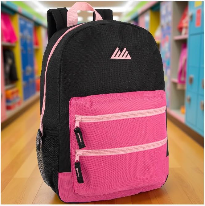Summit Ridge Colorful Big Backpack for School Kids, Multi Pocket Backpack for Elementary, Middle School Girls, Boys with Padded Straps (Black/Pink) - color: Black/Pink