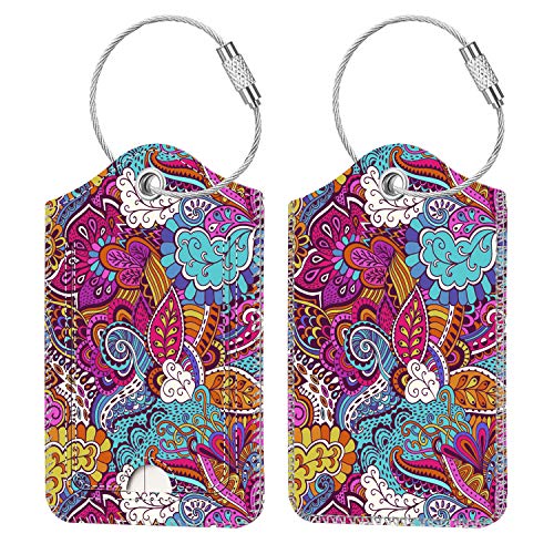Fintie Luggage Tags, Privacy Cover ID Label with Stainless Steel Loop and Address Card for Travel Bag Suitcase, Peacock Flower (2 Piece) - color: Peacock Flower
