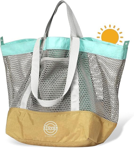 STOVER Extra Large Mesh Beach Bag, Vacation, Pool, Shopping & Travel Tote - Foldable w/Storage Pouch & Pockets for Women, Men - color: 01 - Shoreline Sand