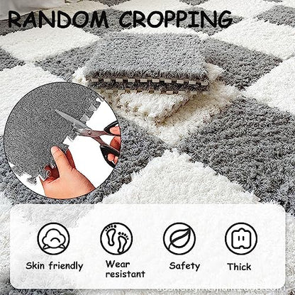 Thickened Plush Foam Interlocking Floor Carpet Mat,24 Piece 12x12in Fluffy Square Puzzle Foam Carpet Tiles with Edgings,Soft Anti-Slip Shaggy Area Rug Playmat(Color:Rose red+Grey) - color: Rose Red+grey