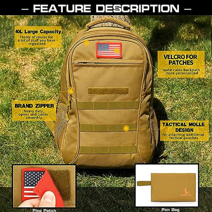 4land Camo Backpack for Boys,Army Boys Backpacks for Elementary Middle School Military,Camouflage Bookbag 40L - color: C-brown