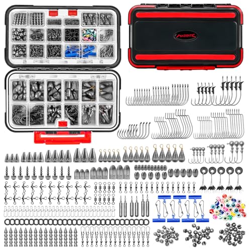 MadBite by KastKing 182/265/400pcs Compact Fishing Tackle Kit - All-in-One Freshwater Hooks, Weights, Bobbers in Tackle Box, Fishing Gear Set for Bass Trout Panfish - style: 400pcs Terminal Tackle Kit