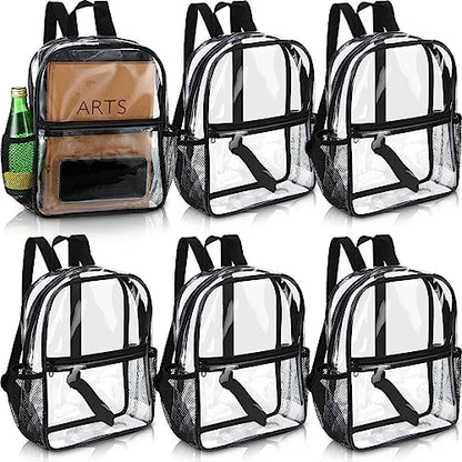 Sweetude 6 Pcs Clear Backpack bulk 11.4 x 9.5 x 5.1 Inch Bag Stadium Approved Plastic Transparent Backpack with 2 Water Holders (Black) - color: Black