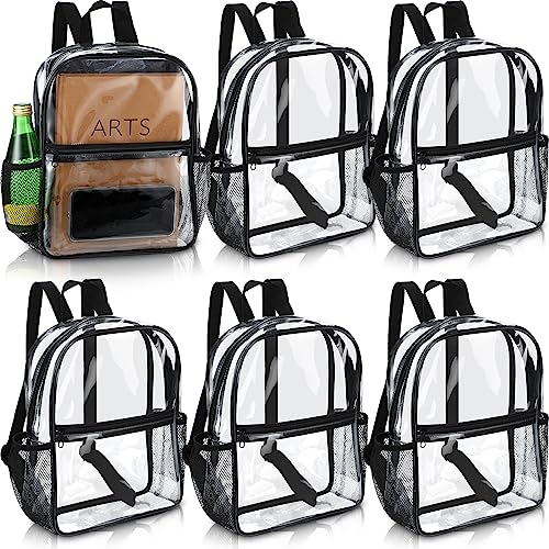 Sweetude 6 Pcs Clear Backpack bulk 11.4 x 9.5 x 5.1 Inch Bag Stadium Approved Plastic Transparent Backpack with 2 Water Holders (Black) - color: Black