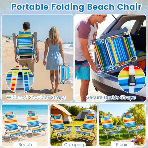 COSTWAY Portable Folding Backpack Beach Chairs Set of 2 with 5-Position Backrest, Padded Headrest, Cup Holder & Ice Bag for Lawn, Poolside (Rainbow Stripe) - color: Rainbow Stripe