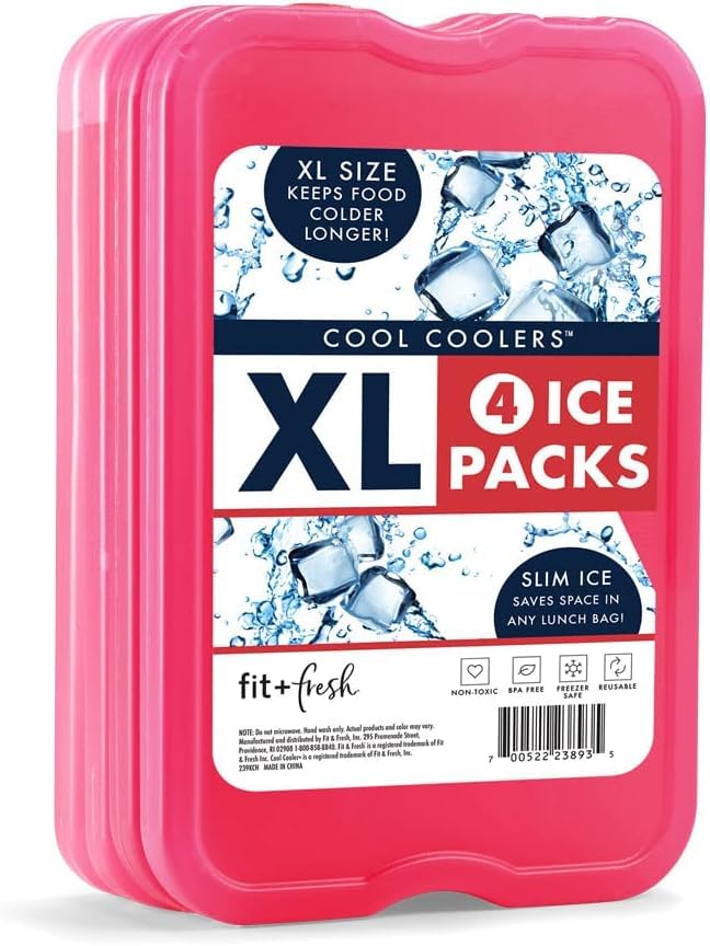 Cool Coolers by Fit & Fresh 4 Pack XL Slim Ice Packs, Quick Freeze Space Saving Reusable Ice Packs for Lunch Boxes or Coolers - color: Pink (4 Pack)