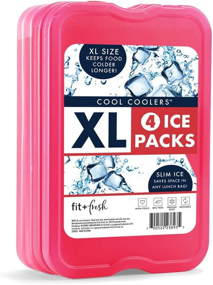 Cool Coolers by Fit & Fresh 4 Pack XL Slim Ice Packs, Quick Freeze Space Saving Reusable Ice Packs for Lunch Boxes or Coolers - color: Pink (4 Pack)