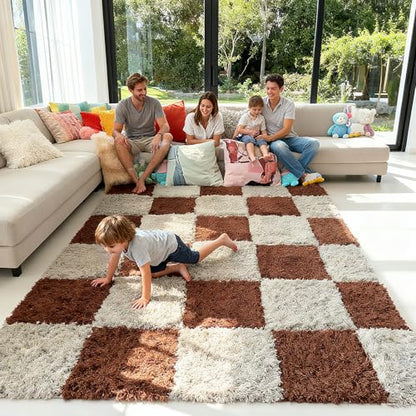 Thickened Plush Foam Interlocking Floor Carpet Mat, 24 Piece 12x12in Fluffy Square Puzzle Foam Carpet Tiles with Edgings, Soft Anti-Slip Shaggy Area Rug Playmat (Dark Curry+Grey) - color: Dark Curry+grey