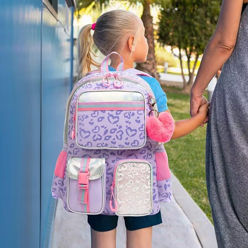 Meetbelify Aesthetic Backpack with Lunch Box for Elementary Students - Cute School Bag for Girls 8-10 - Purple - color: 3pcs Purple Love