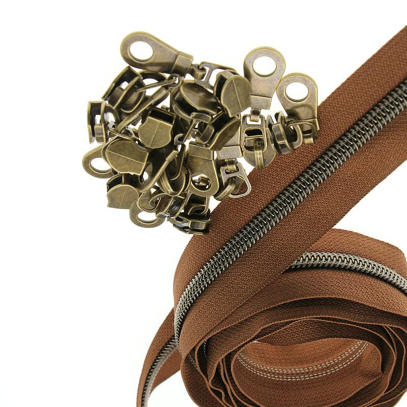#5 Antique Brass Metallic Nylon Coil Zippers by The Yard Bulk Brown Zipper Tape 10 Yards with 25Pcs Pulls for DIY Sewing Craft Bags YIGUANXIN - color: Brown-Brass