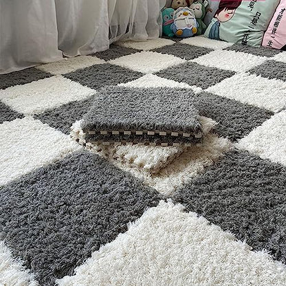 Thickened Plush Foam Interlocking Floor Carpet Mat,24 Piece 12x12in Fluffy Square Puzzle Foam Carpet Tiles with Edgings,Soft Anti-Slip Shaggy Area Rug Playmat(Color:Grey+White) - color: Grey+white