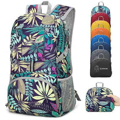 ZOMAKE Lightweight Packable Backpack 35L, Light Foldable Backpacks Water Resistant Collapsible Hiking Bag, Compact Folding Day Pack for Travel Camping(Mixed Color-Leaves) - color: Mixed Color-leaves