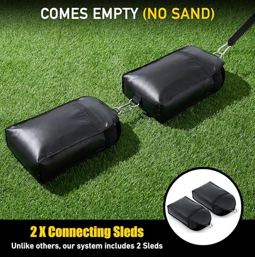Elite Twin Sand Bag Sled Workout Sled – Waterproof UNFILLED Weight Sled Trainer with 6-Level 10–60 lb Resistance Pull System, Adjustable Waist Strap for Speed, Strength, Endurance & Agility Training