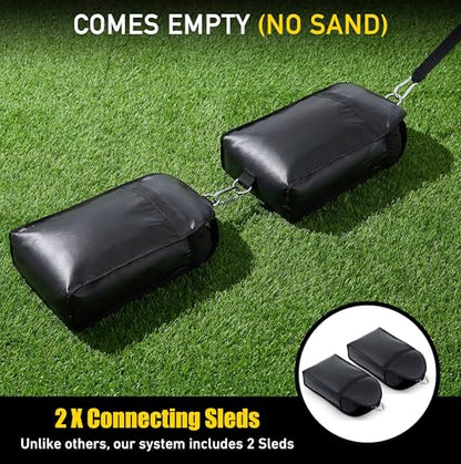 Elite Twin Sand Bag Sled Workout Sled – Waterproof UNFILLED Weight Sled Trainer with 6-Level 10–60 lb Resistance Pull System, Adjustable Waist Strap for Speed, Strength, Endurance & Agility Training
