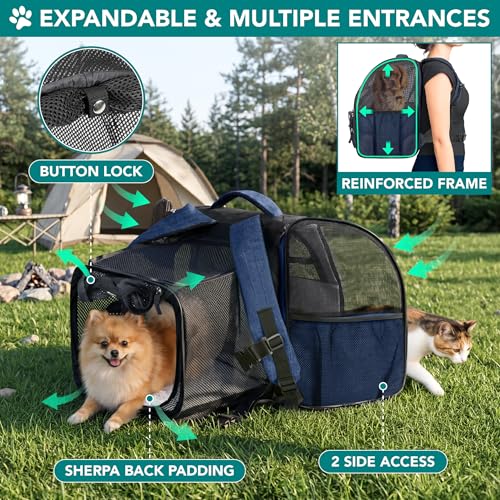 PetAmi Expandable Dog Backpack Carrier for Cats & Pets, Breathable Cat Carrier Backpack with Top Window & Multi-Entry, Ventilated Foldable Travel Carrier for Small Medium Pets up to 18 lbs, Navy - color: Navy
