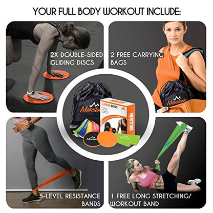 Dual Sided Gliding Discs Core Sliders Exercise with 6 Resistance Bands for Women - Home Full Body Workout - use it on Carpet & Hardwood Floors - Abdominal Exercises for Optimal Fitness and Health