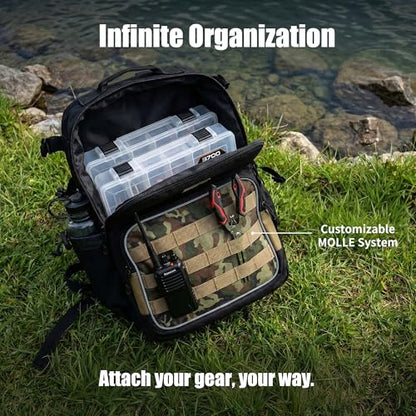 35L Tactical Fishing Backpack, Waterproof Tackle Backpack with 2 Rod Holders and 50+UV Protection Arm Sleeves,2LB Lightweight Fishing Bag, Daypack for Hiking, Hunting, Camping - color: Black Camouflage, style: With Arm Sleeves
