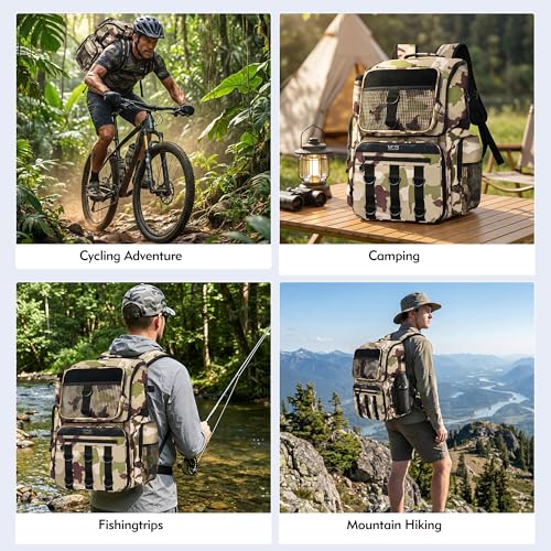 MGB 46L Fishing Tackle Backpack with 2 Rod Holders & YKK Zipper Storage Fishing Gear and Equipment, Gifts for Men Father - color: Brown Camo（without Tackle Box）