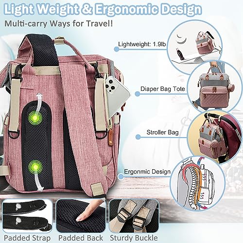 SHITIESHOU Diaper Bag Backpack Baby Bag, Baby Girl Boy Diaper Bag for Dad Mom with Pad, 16 Pockets, Pacifier Case, Large Diaper Bags Unisex for Travel(Pink Grey) - color: A Pink Grey