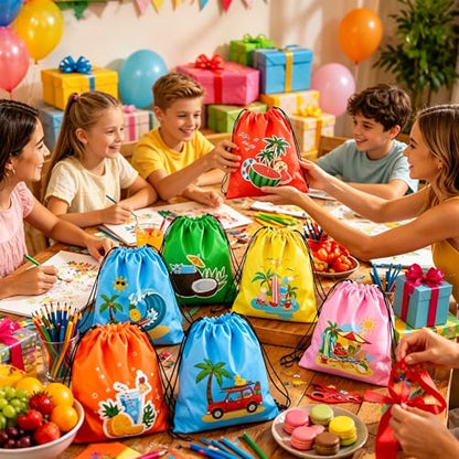 12PCS Summer Pool Birthday Party Gift Treat Goodie Bags for Kids | Lightweight Reusable Drawstring Backpacks for Hawaiian Travel Vacation Beach & Gym for Boys Kids Birthday（11.8 x 9.8 Inch） - color: Hello Summer Bags-12pcs