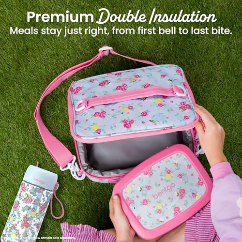 Bentgo Kids Prints Lunch Bag - Double-Insulated, Reusable, for Kids 3+, Adjustable Strap; Holds Lunch Box/Water Bottle/Snacks; Easy-Clean, Water-Resistant, Pockets (NEW Blooming Floral) - color: Blooming Floral