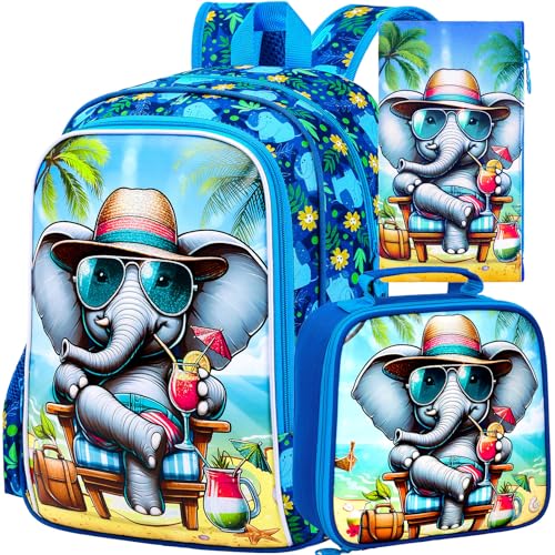 16" Backpack for Boys, 3Pcs Elephant Kids Bookbag with Lunch Box, School Backpacks Set for Elementary Preschool Kindergarten(Blue) - color: Elephant Blue