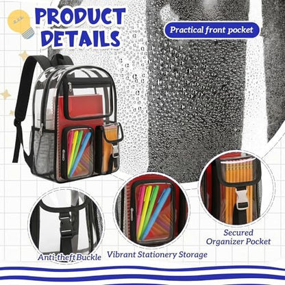 Amylove 29 Pcs Clear Backpacks with Study Supplies, 17in Transparent PVC Bag for Elementary, Intermediate, or High School, Stadium Approved See Through Bookbag to Study Supplies for Students - size: 17in