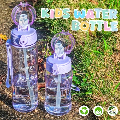 OLDLEY 12oz Kids Water Bottle, Tritan BPA-Free, Leakproof Flip Straw Lid, Motivational Time Marker, Carry Strap, Reusable Clear Water Bottle for Boys & Girls,Amethyst - color: Amethyst, style: 12 Ounces