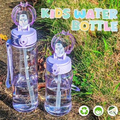 OLDLEY 17oz Kids Water Bottle, Tritan BPA-Free, Leakproof Flip Straw Lid, Motivational Time Marker, Carry Strap, Reusable Clear Water Bottle for Boys & Girls,Amethyst - color: Amethyst, style: 17 Ounces