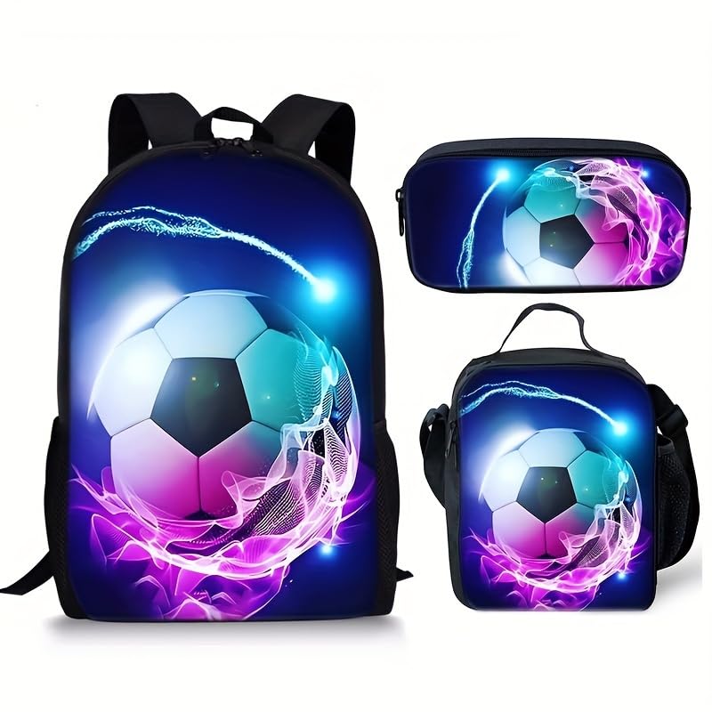 3PCS Soccer Backpack Set, 16" Lightweight Football Daypack, Soccer Ball Print Casual Laptop Backpack for Travel Camping Work (style-2) - color: Style-2