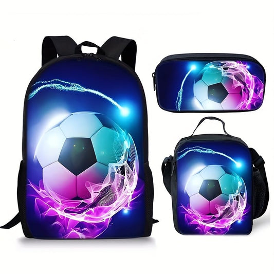 3PCS Soccer Backpack Set, 16" Lightweight Football Daypack, Soccer Ball Print Casual Laptop Backpack for Travel Camping Work (style-2) - color: Style-2