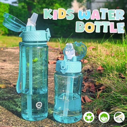 OLDLEY 17oz Kids Water Bottle, Tritan BPA-Free, Leakproof Flip Straw Lid, Motivational Time Marker, Carry Strap, Reusable Clear Water Bottle for Boys & Girls,Cerulean - color: Cerulean, style: 17 Ounces