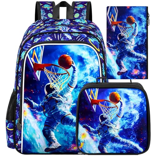 HPJGD 3PCS Kids Astronaut Backpack, Water Resistant Bookbag for Boys Set with Lunch Box, Cool School Bag for Elementary Preschool Toddler - Basketball Astronaut - color: Cool Uv Printed Astronaut Basketball Blue