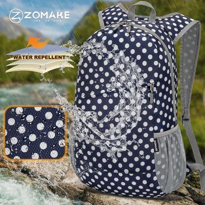ZOMAKE Lightweight Packable Backpack 20L,Foldable Backpacks Small Daypack for Hiking Water Resistant Day Bag for Travel(Blue, White Polka Dot) - color: Blue, White Polka Dot