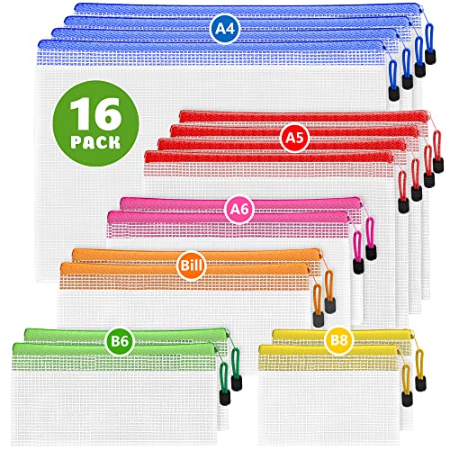 16 Pack Assorted Sizes Plastic Mesh Zipper Pouches for Storage & Organize Board Games - Puzzles - Documents - Bills - School and Office Supplies - Travel - Makeup - Multisize Mesh Zipper Pouch - size: 16 Pack Multisize