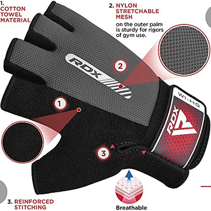 RDX Weight Lifting Gloves Gym Fitness Workout, Anti Slip Padded Full Palm Protection, Ultra Ventilated, Bodybuilding Strength Training HIIT WOD Exercise, Half Finger Men Women Cycling Rowing Climbing - color: Gray, size: Large