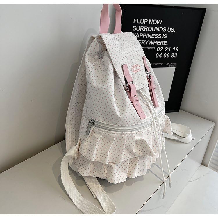 Cute Polka Dot Lace Backpack for Women Flap-top Casual Backpack Cute Nylon Bookbag - color: White
