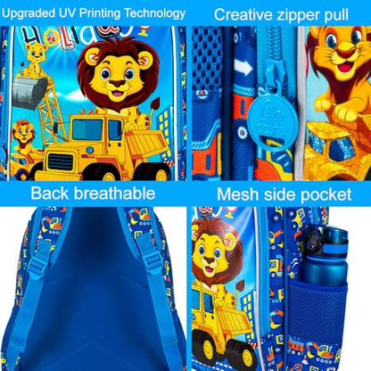 16" Kids Backpack for Boys, 3Pcs Excavator Bookbag Set for Elementary Preschool Kindergarten, Lion School Backpacks with Lunch Box(Blue) - color: Lion Blue