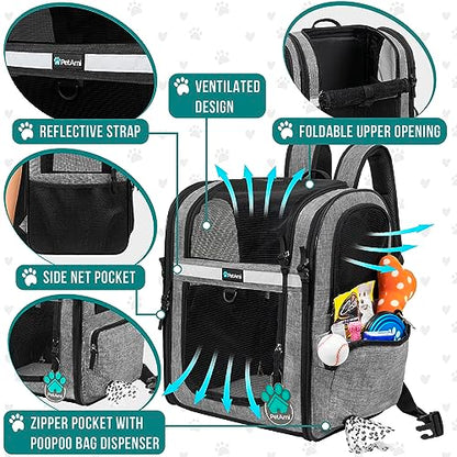 PetAmi Dog Backpack Carrier for Cats and Small Dogs, 4-Way Entry Ventilated Pet Carrier for Hiking Travel, Foldable Top with Sherpa Bed, Reflective and Poop Bag Dispenser, Up to 18 lbs, Heather Grey - color: Heather Grey