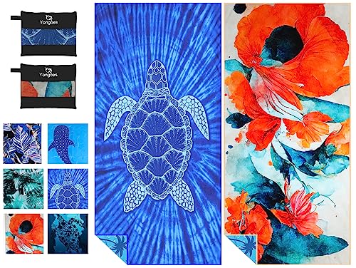 Yongoes 2 Pack Microfiber Lightweight Thin Beach Towel Sand Free Quick Dry Super Absorbent Large Towels for Swimming Pool Yoga Gym Travel Vacation Beach Accessories Essentials - color: 2 Pack Turtle Flowers