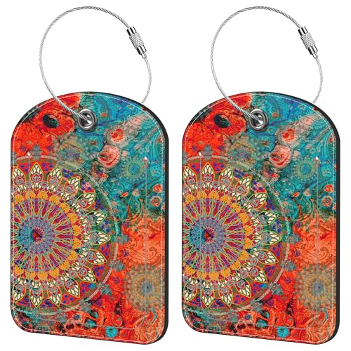 2 Pack Cute Luggage Tag for Suitcases Mandala Art Leather Luggage Tags with Stainless Steel Loop Privacy Flap Name Tags,Men and Women Travel Bag Suitcase Tags - color: Mandala Art